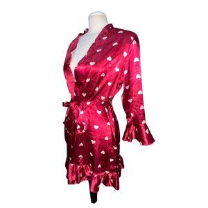 Red Satin Robe Size Large Womens White Heart Print Ruffled Hem & Sleeves Tie-Wai